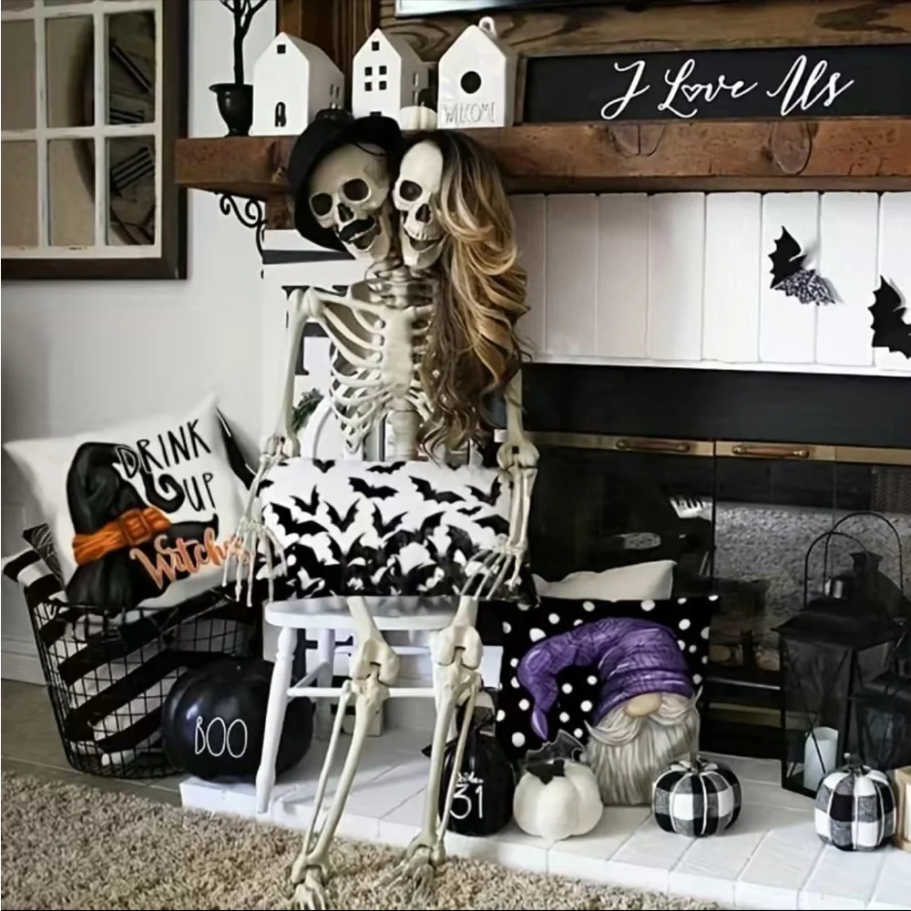 Set Of 4 Halloween Linen Blend Throw Pillow Case, Square Cushion Case, Decorativ